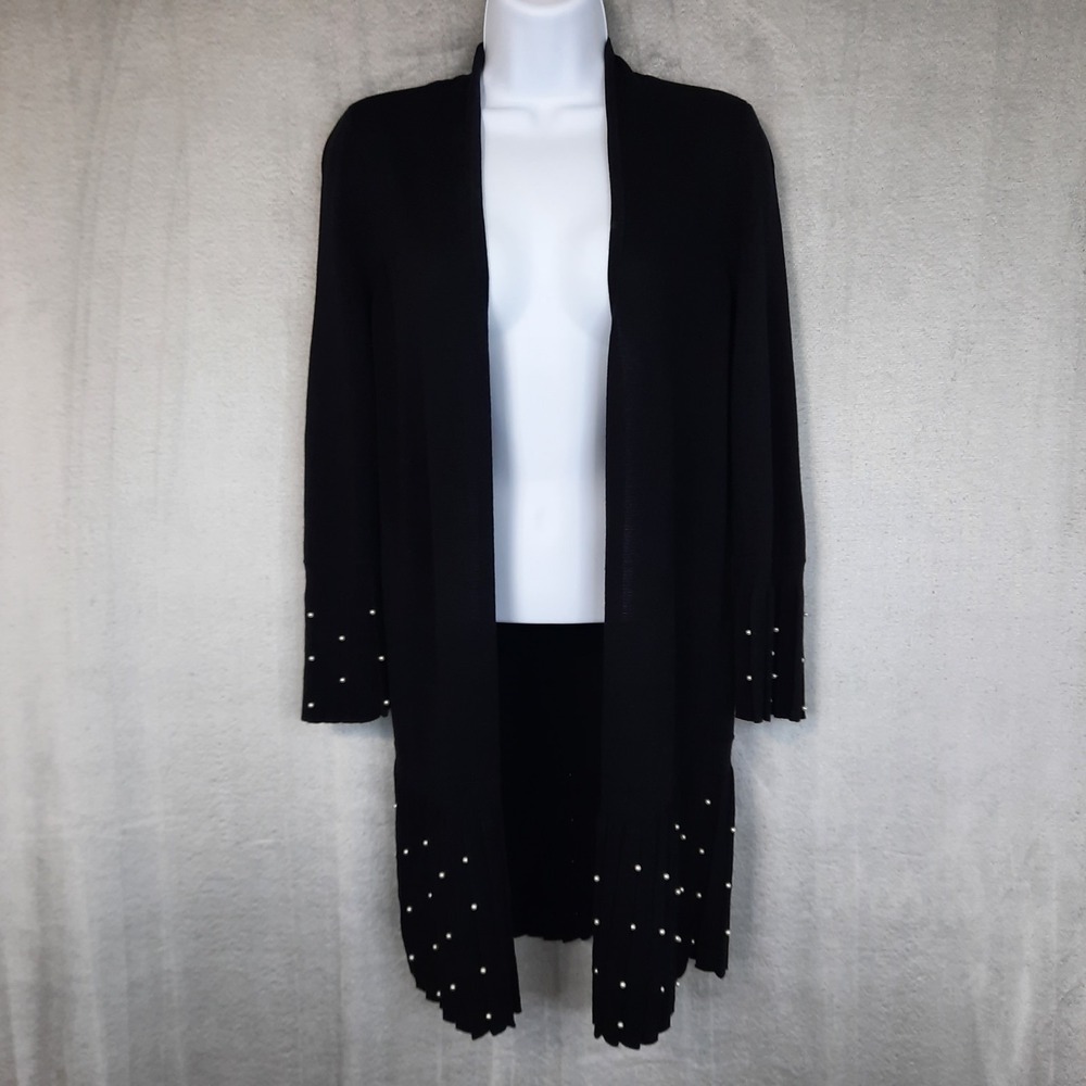 Chicos 00 Black Duster Cardigan Pearls Pleated Hem Womens XS Open‎ Front Boho